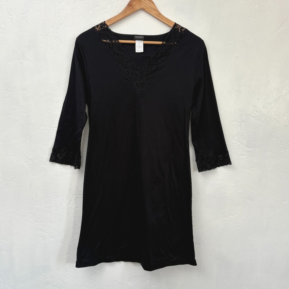 Hanro of Switzerland Sleep Shirt Dress Women Medium Black Cotton Lace Neckline